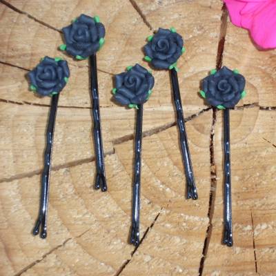 5 Haarnadeln schwarz mit Blumen aus Polymer Clay Gothic Hochzeit 