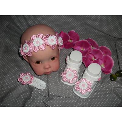 Set Taufe *Mandelblüte* – Handgefertigtes Haarreif- und Babyschuh-Set mit Blüten in Weiß & Rosa