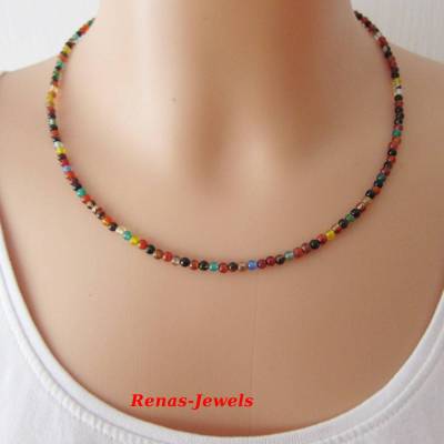 Edelstein Kette Achat Perlen bunt silberfarben Edelsteinkette kurz Collier handgefertigt