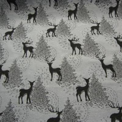 Dekostoff Weihnachten Jacquard natur – Graues Reh & Hirsch im Wald mit Glitzer silber, Meterware 140cm breit