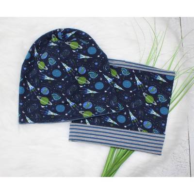 Kinder Set Beanie Loop Mütze Kindermütze Wintermütze Weltall Raketen dunkelblau hellgrau 
