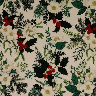 Weihnachtsstoff  Popeline Mistelzweig, Winterrosen natur (1m/10,-€)