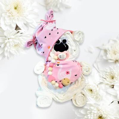 Windeltorte Bär Windelgeschenk Windelbär individuelles handmade Geschenk zur Geburt für Mädchen rosa Schwäne Ohrenmütze 