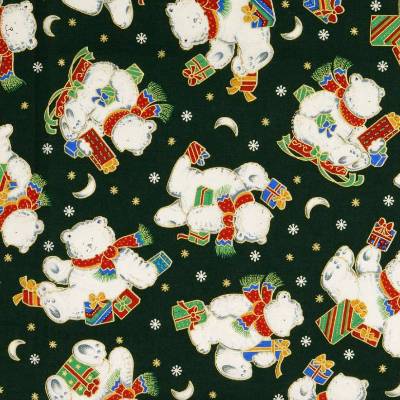 Weihnachtsstoff Baumwolle Popeline Bär Geschenke dunkelgrün (1m/10,-€)
