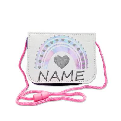 Kinder Brustbeutel mit Name / Regenbogen pastell / Klettverschluss Schnur Klarsichtfach / personalisierbar / Geldbö