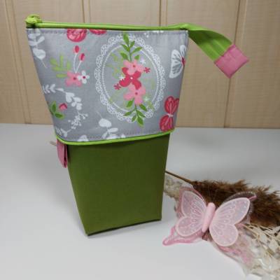 Popup-Mäppchen, Stiftemäppchen, Pencilcase - Romantik grün/stein/rosa