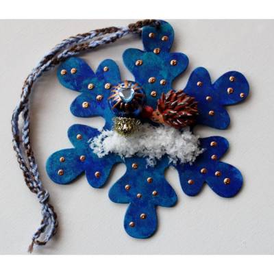 Collage BLAUER IGELZAUBER Wandbild Wanddeko Herbstdeko Schneeflocke Wandhänger Türdeko Anhänger Igel Handarbeit