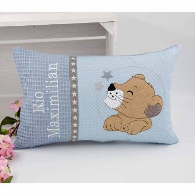 Namenskissen Löwenkopf – Kissen mit Namen Blau, Kuschelkissen Geschenk zur Einschulung, Geburt, Taufe, Baby & Kind