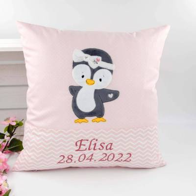 Kissen mit Wunschname – Pinguin Mädchenkissen Kuschelkissen personalisiert – Geschenk zur Geburt, Taufe & Einschulung