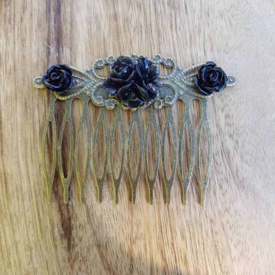 Kamee Blüten Haarkamm schwarz bronze Gemme Blumen