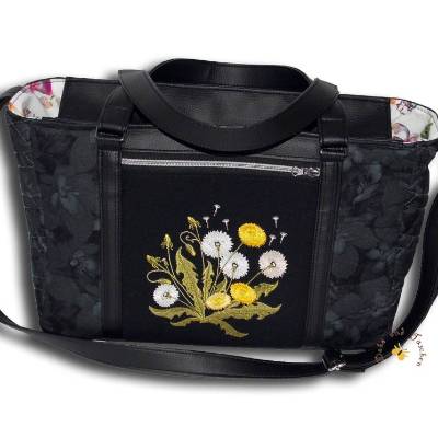Bestickte schwarze Tasche mit Stickerei Löwenzahn Mohnblumen Handtaschen Umhängetaschen Schultertaschen Geschenkidee 