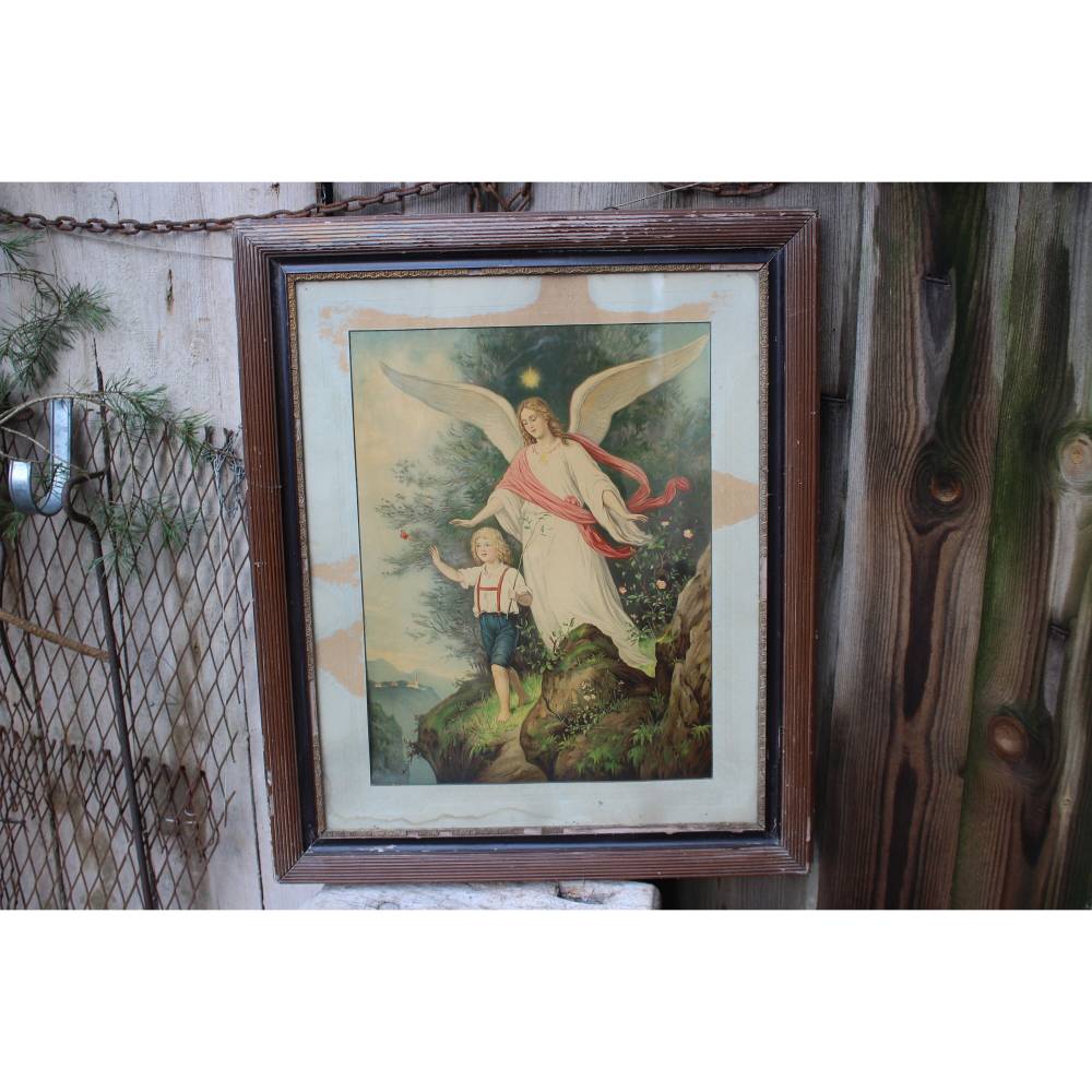 Schutzengel Kunstdruck im Holzrahmen / Engel mit Kind / Schlafzimmerbild / 20er 30er Jahre Bild 1