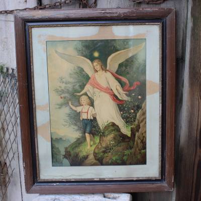 Schutzengel Kunstdruck im Holzrahmen / Engel mit Kind / Schlafzimmerbild / 20er 30er Jahre
