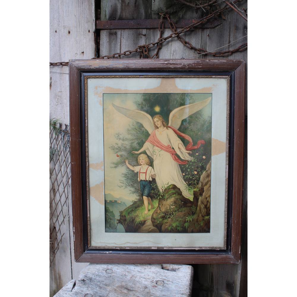 Schutzengel Kunstdruck im Holzrahmen / Engel mit Kind / Schlafzimmerbild / 20er 30er Jahre Bild 2