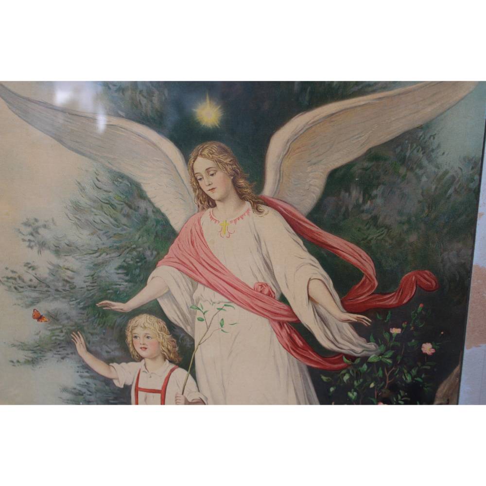 Schutzengel Kunstdruck im Holzrahmen / Engel mit Kind / Schlafzimmerbild / 20er 30er Jahre Bild 3