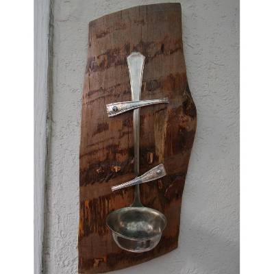 Teelichthalter Kerzenständer Wandleuchte ♥ * Woody * aus einer Suppenkelle und einem Stück Holzschwarte