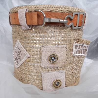 Blumentopf Übertopf Tischeimer Geldgeschenk  GARGO beige Jeans + echt Leder + Jute