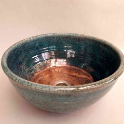 Waschbecken / Raku / Antik Kupfer Türkis  Ø 32 cm Höhe 14 cm
