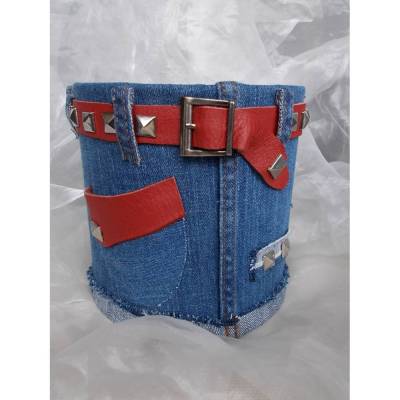 Blumentopf Übertopf Tischeimer Geldgeschenk  HOT JEANS Jeans + echt Leder rot blau