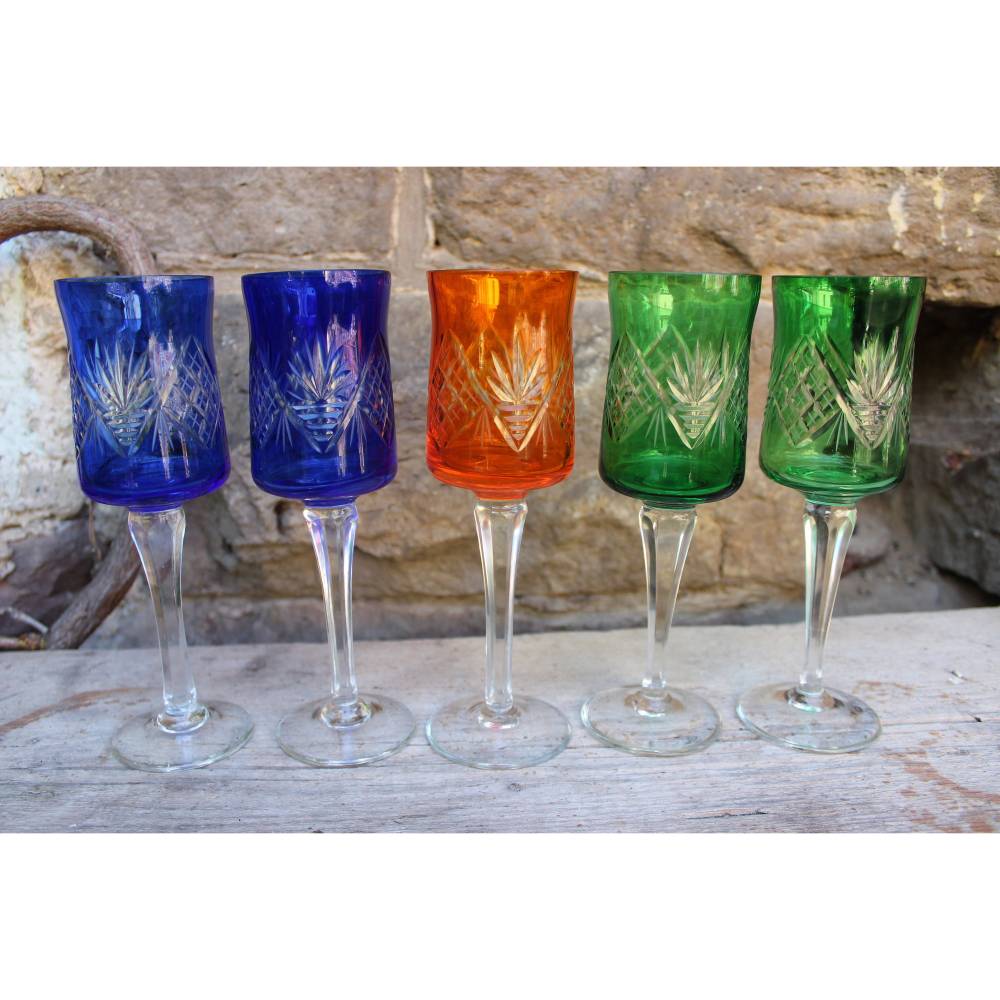 5er Set Sektgläser Römer 24 % Bleikristall bunt geschliffen Vintage 50er 60er Jahre Lausitz Glas