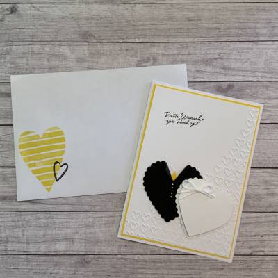 Grußkarte / Glückwunschkarte zur Hochzeit, Brautpaar als Herzen dargestellt, „Beste Wünsche“  Handarbeit, Stampin’Up 