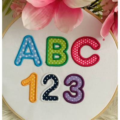 Stickdatei 3D Applikation ABC Buchstaben & Zahlen ca. 65mm – Puffy Stickschaum Set 979 Maschinenstickerei