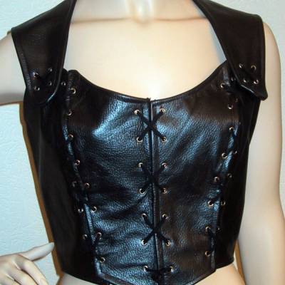 Damen Corsage Oberteil Top  Rindsleder schwarz Metallic genäht und geöst Larp