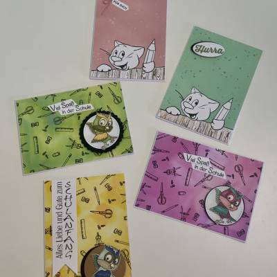 Grußkarten / Glückwunschkarten zum Schulanfang, „Eule oder Katze zur Einschulung“, Grüße an das Schulkind, Handarbeit