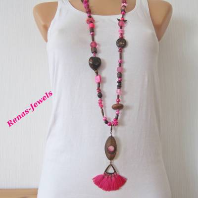 Bettelkette Hippie Ibiza Boho Kette lang Perlenkette pink kupferfarben Quasten Anhänger Muscheln Holzperlen