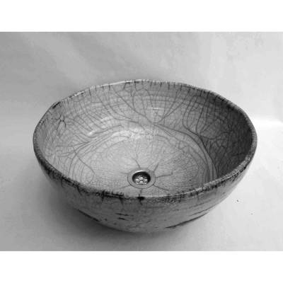Waschbecken / Raku / Grau/Weiß/Antik  Ø 37 cm Höhe 16,5 cm