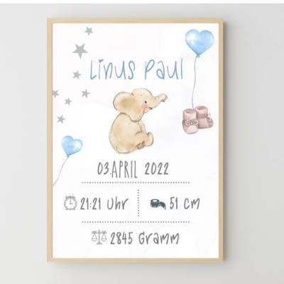 Geburtstafel - Geburtsposter *Elefant* A4 (blau)