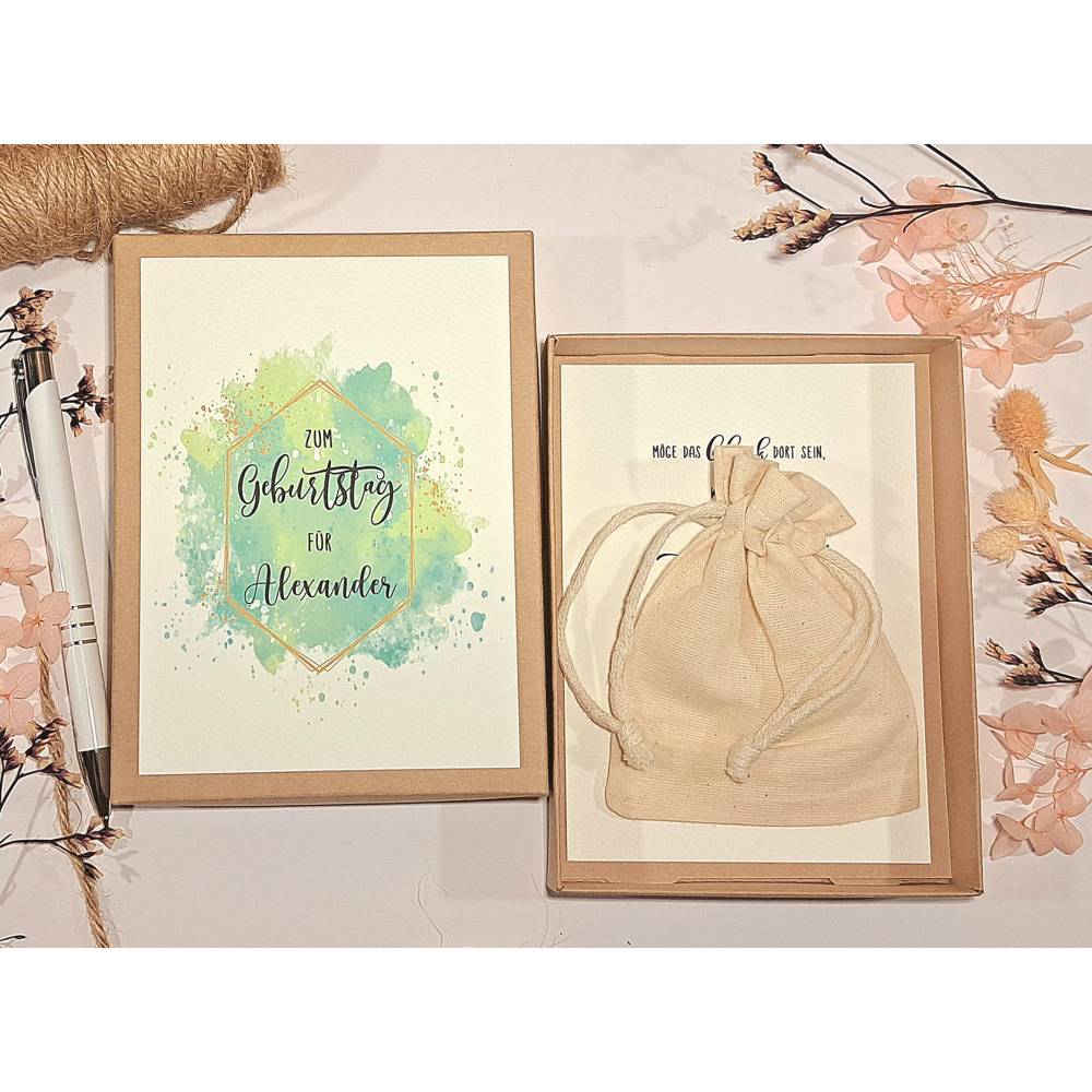 Personalisierte Geldgeschenkbox zum Geburtstag für Künstler – Kreative Geschenkidee mit Glückwunschkarte & Leinensäckchen Bild 3