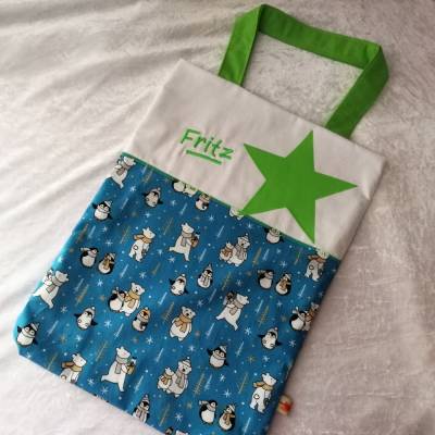Kita-Tasche mit Namen – Personalisierter Kinder Baumwollbeutel, Wechselwäsche Beutel, Motiv Pinguin & Eisbär