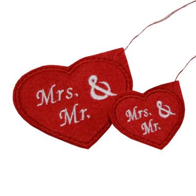 Geschenkanhänger Hochzeit Mrs. & Mr. Herz – Filzanhänger in Rot, bestickt, romantische Dekoration
