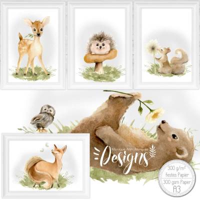 Poster Baby & Kinderzimmer Waldtiere  [5er Set in A3] 