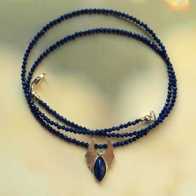 Lapislazuli Kette mit Engel aus Mondstein und Lapislazuli, Silber 
