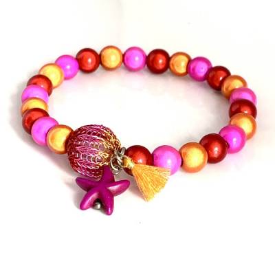 Orange-Rot-Pink - elastisches Armband aus magischen Leuchtperlen mit gestrickter tricolor Mini-Kugel aus Kupferdraht
