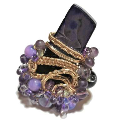 handgemachter Ring verstellbar Achat lila Perlmutt fliederin wirework goldfarben boho hippy