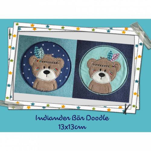 Stickdatei Bär,digitale Datei,Stickdatei Doodle Indiander Bär 13x13cm