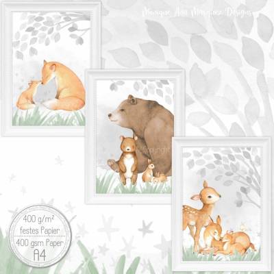 SONDERPREIS Kinderzimmer Babyzimmer Bilder Set Bild Kunstdruck Tiere Babytiere Elefant für A4 Bilderrahmen  | SET 42