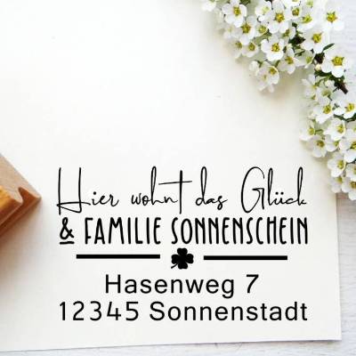 Adresse Stempel, Adressstempel "Hier wohnt das Glück" Familienstempel zum Einzug,  zur Hochzeit, zum Umzug, Hauskauf, als Geschenk zum Richtfest
