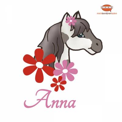 Türaufkleber: geschecktes Pony mit rosa-roten Blüten  | Wandtattoo für Kinderzimmer, personalisierbar