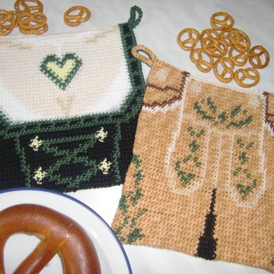 Häkelvorlage (PDF) für Topflappen „Dirndl“ und „Lederhose“ (geeignet für Doubleface-Technik, Tapestry und normales Häkel