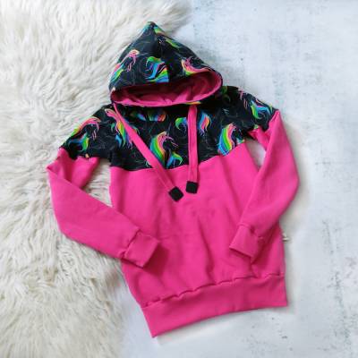 Kuschel Hoodie REGENBOGEN EINHORN Schwarz, Pink - Individualisierbar | Kinder Gr. 68-152 | RÄUBERKIND