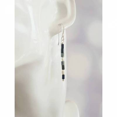Lange schmale Ohrringe,Hematit, Silber, Perlen, Brautschmuck extravagant, minimalistisch zum Brautkleid, Schmuck zur Hoc