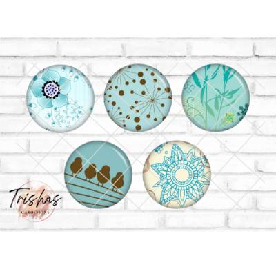 Glas Cabochon mit Motiv Spatzen Vögel Floral Blumig Muster blau türkis, Fotocabochon, Handmade Cabochon, verschiedene Gr