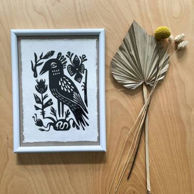 Vogel und Schlange Linoldruck