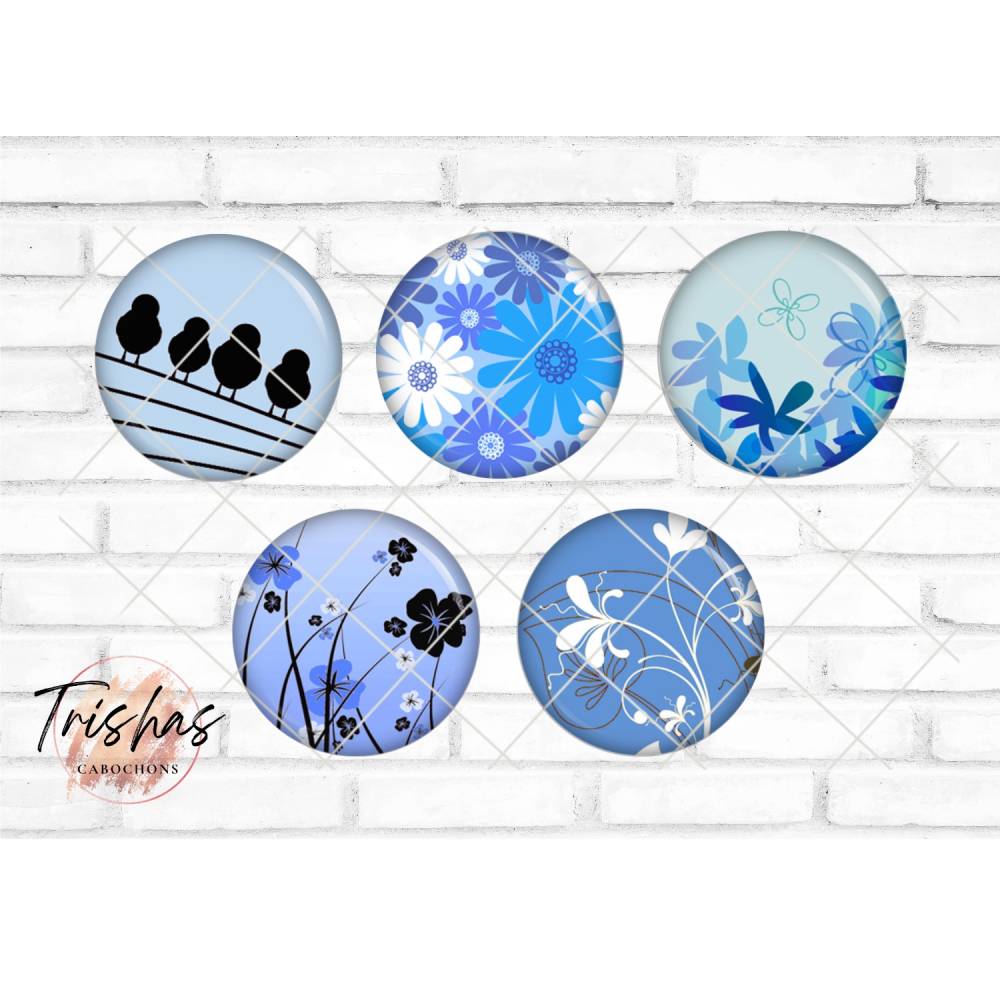 Glas Cabochon mit Motiv Spatzen Vögel Floral Blumig Muster blau weiß, Fotocabochon, Handmade Cabochon, verschiedene Größ Bild 1