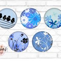 Glas Cabochon mit Motiv Spatzen Vögel Floral Blumig Muster blau weiß, Fotocabochon, Handmade Cabochon, verschiedene Größ