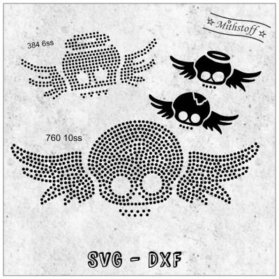 Plotterdatei - Strass & Folie - Skull - Totenkopf - Flügel - SVG - DXF - Datei - Mithstoff - Halloween